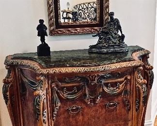 SINGLE ANTIQUE VENETIAN HAND-PAINTED BOMBE COMMODE/CHEST WITH MARBLE TOP: One-of-a-kind beautifully hand carved and painted venetian accents from Moroccan-imported wood. Height 38 x Width 42 x Depth 19.5 inches.