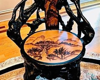 A SET OF 4 BLACK TREE ROOT WOODEN CHAIRS WITH HAND-PAINTED SEAT: An exquisite set of four black chairs crafted from roots of a tree wood with a hand-painted seat. Height from floor to top of back 34 x Width 23 x Seat Height 18 inches. 