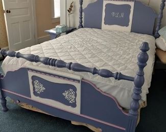 Blue and White Painted Wooden Bed