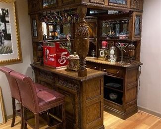 English Oak Pub Bar w Stained Glass Panels
