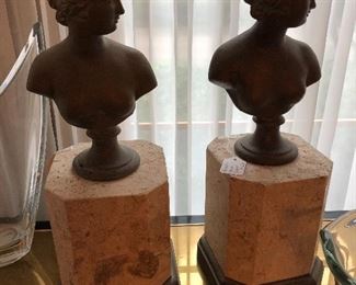 Bronze bust on marble; pair
