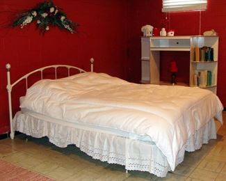 White Iron Headboard, Antique Style, Queen Mattress and Frame, Down Comforter, Eyelet Dust Ruffle, Vintage, 1980's Lacquer Bookcase, Entertainment Unit