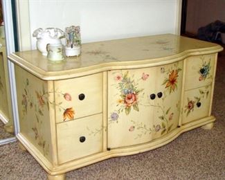Vintage, Wood, Cabinet, Low Chest, Bench, Hand Painted, Shabby Chic, Floral, Flowers