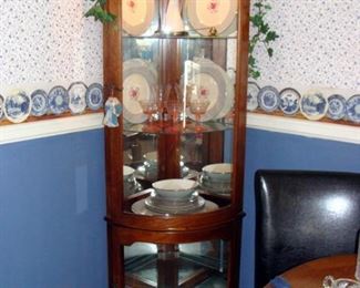 Cherry Wood, Corner Curio Cabinet, Display Cabinet, Lighted, Glass Shelves, Mirrored Back