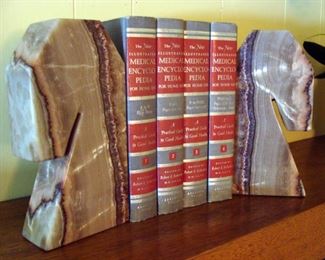 Vintage, Book Set, Illustrated Medical Encyclopedia, Bookends, Horse, Horse Heads, Agate, Carved, Stone