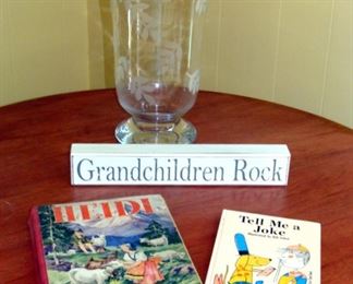 Vintage Books, Heidi, 1930's, Table Decor, Etched Glass Vase