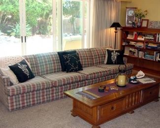 Plaid Sofa, Vintage Coffee Table, Throw Pillows, Vintage Floor Lamp, Hand Knit Afghan, Mantle Clock, Wall Decor, Books, Bibles