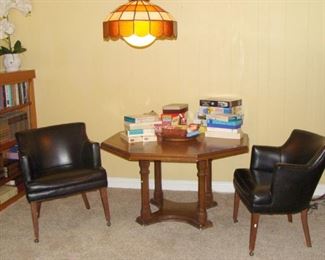 Mid Century, 1960's Leather Game Table Chairs, Wood Game Table, Octagon, Pub Lamp, Ceiling Lamp, Swag Lamp, Globe Lamp, Slag Glass, Board Games, Vintage Wood Jigsaw Puzzles