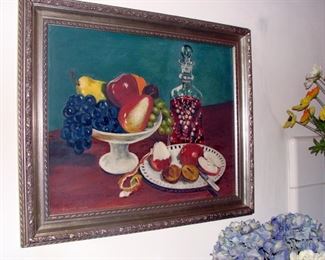 Oil Painting, Framed, Still Life, Fruit and Wine