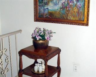 Side Table, Barley Twist, Oak, Antique style, Textured Print, Art, Framed, Irises
