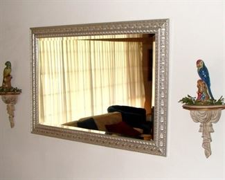 Framed Wall Mirror, Silver Frame, Wall Sconce, Shelf, Vintage Figurine, Parrot, Figurines