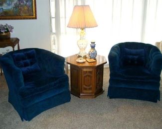 Velvet, Club Chair, Chairs, Deep Blue, Vintage, Retro, Mid Century, End Table, Cabinet, Crystal Table Lamp
