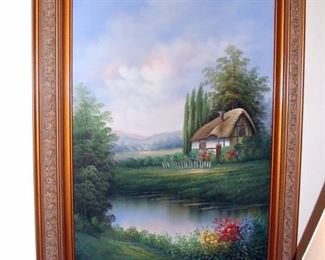 Art, Framed, Country Cottage, Textured Print, Carved Frame