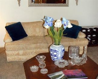 Sofa, Sofas, Cream Floral, Vintage, Coffee Table, Octagon, Crystal, Waterford, Orrefors, Lladro, Silk Pillows, Art Books< Ginger Jar, Vase, Wine Rack, Wall Sconce, Shelf, Parrot, Figurine, Framed Mirror