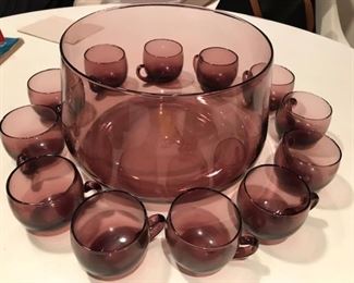 very nice mid-century purple punchbowl with 12 cups