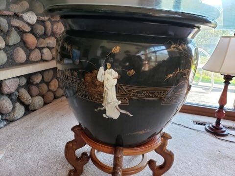 Extra large Asian Fishbowl planter; wooden stand, and glass table top