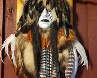 Native American Cheyenne Dog Soldier spirit mask, mounted on wood