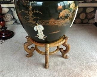 X-Large hand painted Asian fishbowl planter with lid. Made into a glass top table