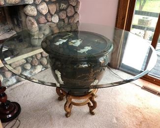 Asian fishbowl planter, lidded, with stand and glass table top