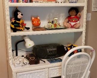 white wicker desk w/bookcase, wicker chair
