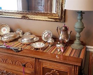 antique oak buffet, silverplate accessories, lamp. MIRROR NOT FOR SALE