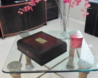Glass top end table. Document box