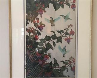 "Hummingbird and Fuchsia"  Color Mono Print, Signed    19X40