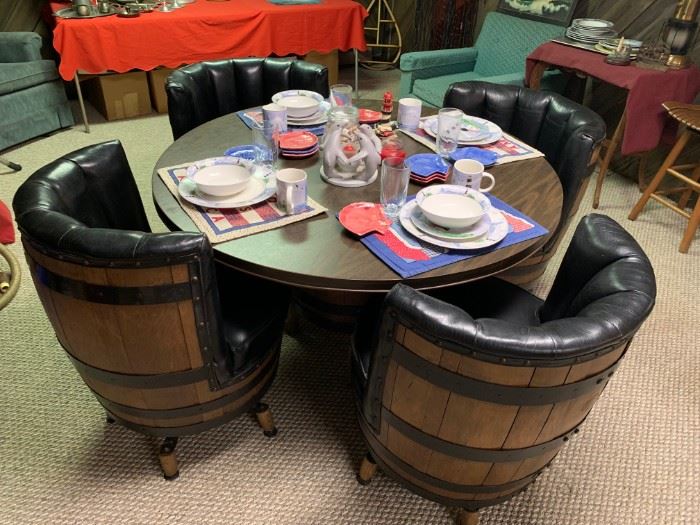 Vintage Whiskey Barrel Furniture w/Lighthouse Thompson Pottery 14 Piece Dinnerware Set!