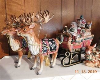 Fitz and Floyd rain deer , and sleigh cookie jar.