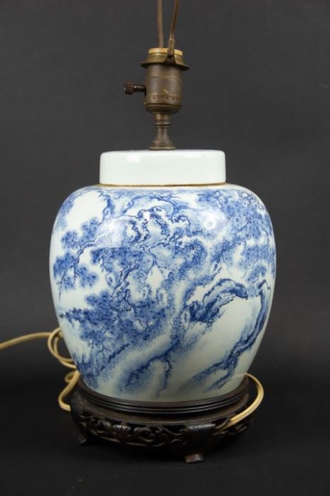 A Blue and White Pines Ginger Jar as a Lamp