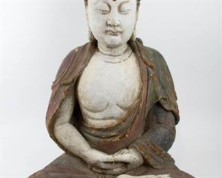 A Large Polychrome Carved Figure of Buddha