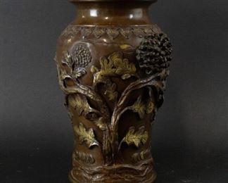 A Japanese Bronze Mixed Metal Chrysanthemum Vase