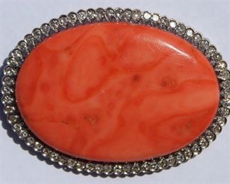 JEWELRY Large Coral Diamond and kt Gold Brooch