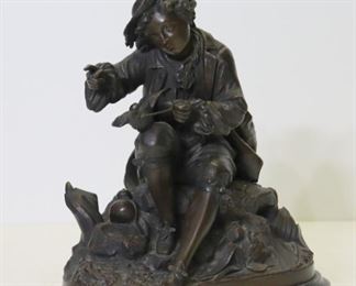 UNSIGNED Bronze Sculpture Of A Boy With Pigeon