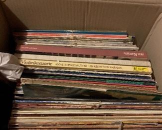 Box of vinyl records, mostly in German