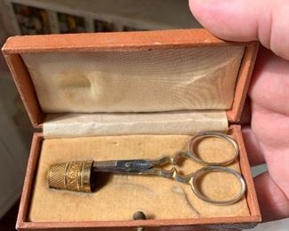 Thimble and scissors in fitted box