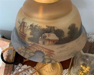 Reverse painted shade, iron bedside lamp