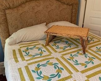 Tufted headboard, queen bed, bamboo breakfast tray