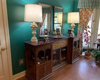 Stunning buffet, silver, Chapman lamps, pair of mirrors, silver plate collection
