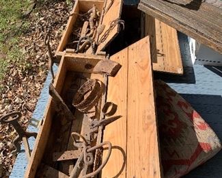 Boxes of found objects Doug on site. Horseshoes, plow points and all manner of metal objects dug up in Columbia on the grounds of this house. Artillery boxes