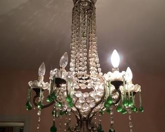 Item #44 chandelier crystal & green glass prisms. Needs to be re-wired 20”W x 30”H 