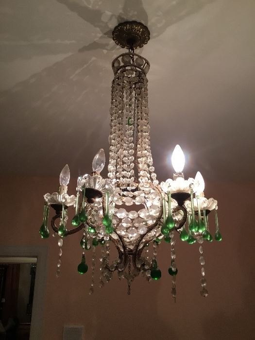 Item #44 chandelier crystal & green glass prisms. Needs to be re-wired 20”W x 30”H 