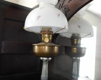 Antique Hand Painted Milk Glass Shade Kerosene Globe Hurricane Lamp