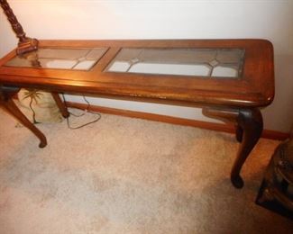 Oak Sofa or Entry Way Table, with Leaded Glass