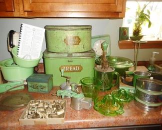 VINTAGE GREEN in the KITCHEN!!! Green Depression, VIntage Bread Boxes, Cookie Cutters, Depression Egg Beaters, Mix Master with Jadeite Bowls/Juicer Bowls