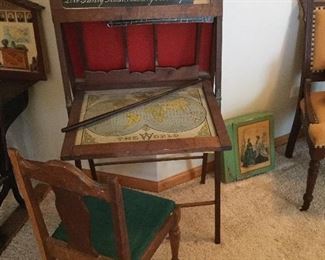 Antique Chalk Board Easel Flips, Inside Map with Desk Chair