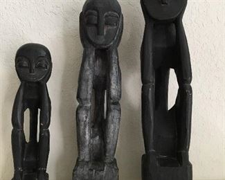 Set of 3 Unique wood carvings.
Great condition.
Largest measures 19” tall.
Medium measures 16” tall.
Small measures 11 1/2” tall.