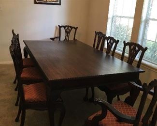 Dining Room Table & Chairs
8 chairs.
Some imperfections as shown in photos.
Table measures: 83” long x 47” wide x 30” tall.
Chairs measure: 22” wide x 18” deep x 40” tall to back 20” tall to seat.