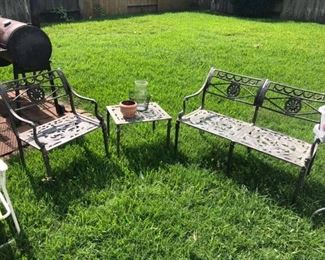 Metal Patio Set
Seats are 15” tall.
Chair: 21” wide.
Bench: 41 1/2” wide.
