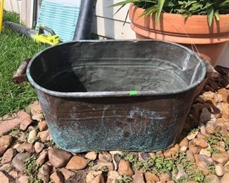 Antique Copper Planter Bucket with wood handles
Measures 28” long x 13” tall x 13” wide.